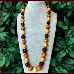 Vintage Wood Beaded Necklace 26” + 3”